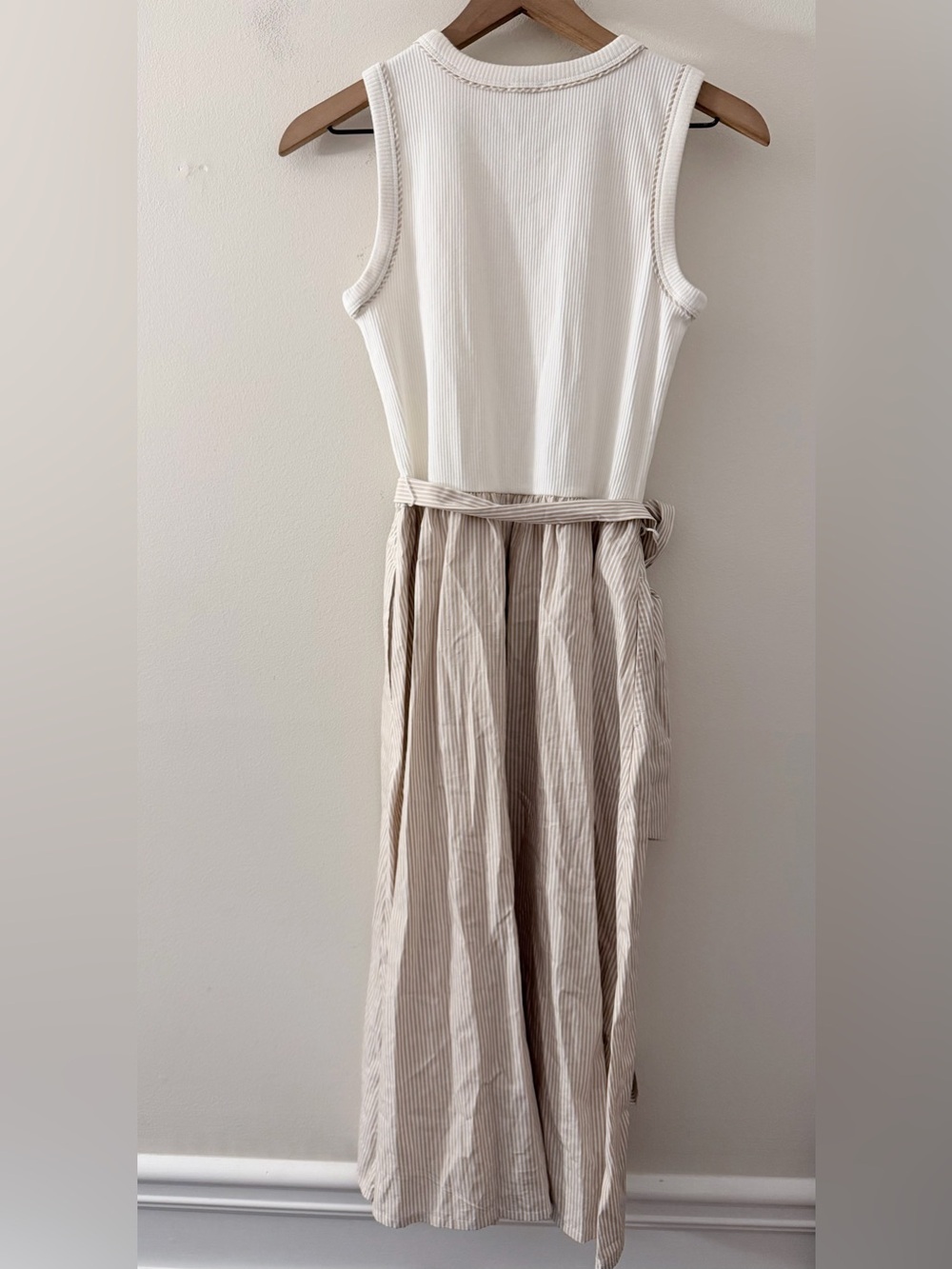 J.Crew Mixed Media Midi Dress Womens MP Tan White Striped Belted Tank NWT - Picture 3 of 8